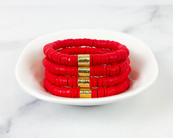 Heishi Color Pop Bracelet "Siam Red Gold Barrel"