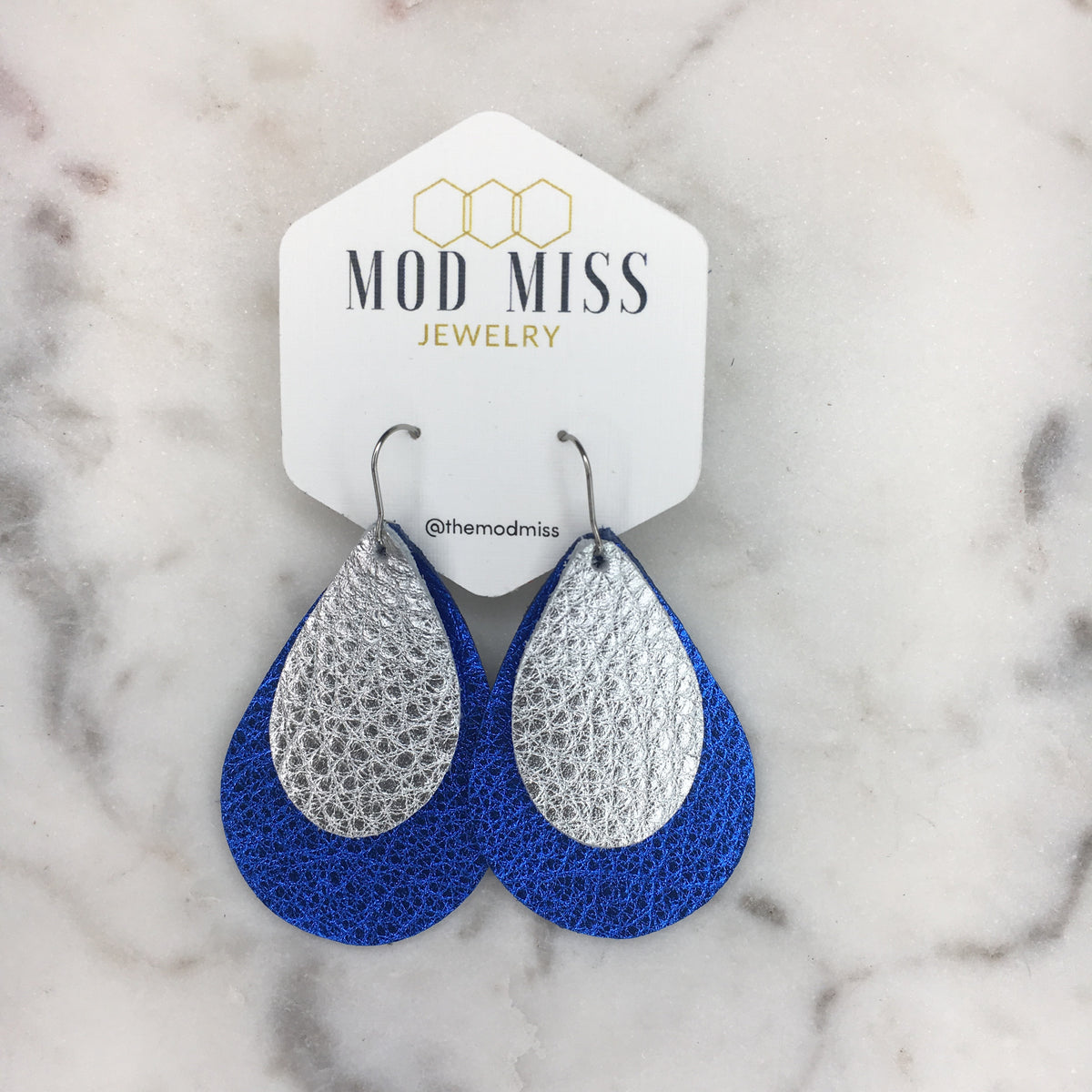 Metallic Blue + Silver Stacked Leather Teardrop Earrings | Mod Miss ...