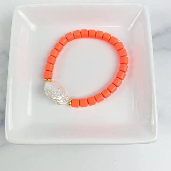 Clay Tube + FW Pearl Bracelet 6mm "Bright Orange"
