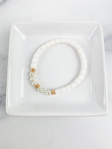 Clay Tube + Small Pearl Bracelet 6mm "White"