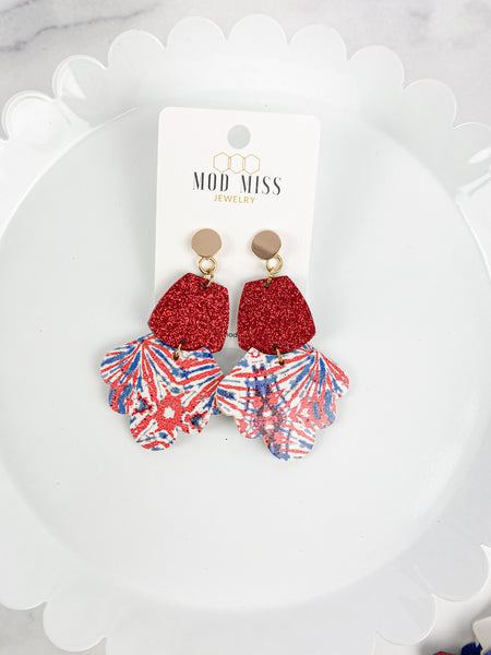 Cork Scalloped Stud Earrings "Red Glitter+Patriotic"