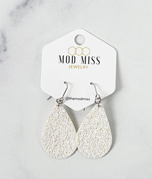 Leather+Canvas Teardrop Earring "Glitter White"