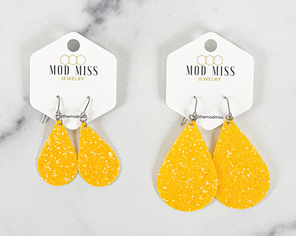 Leather+Canvas Teardrop Earring "Glitter Yellow"