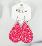 Leather+Canvas Teardrop Earring "Glitter Hot Pink"
