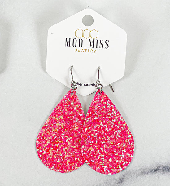 Leather+Canvas Teardrop Earring "Glitter Hot Pink"
