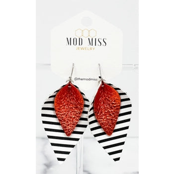Leather Stacked Petal Earring "Metallic Orange + Black & White Stripes (Thin)"