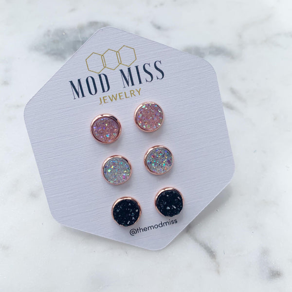 Druzy Stud Earring Set of 3 "Crystal Pink, Clear, & Black in Rose Gold Setting"