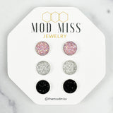 Druzy Stud Earring Set of 3 "Crystal Light Pink, Clear, & Black in Silver Setting"