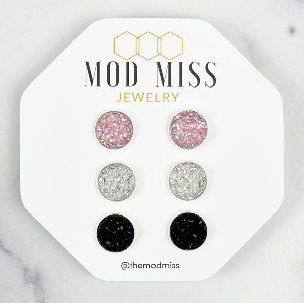 Druzy Stud Earring Set of 3 "Crystal Light Pink, Clear, & Black in Silver Setting"