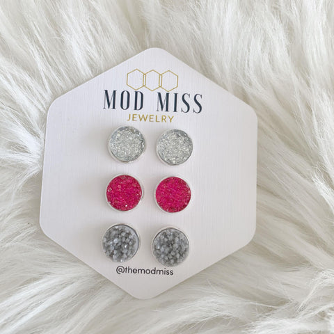 Druzy Stud Earring Set of 3 "Clear, Hot Pink & Gray in Silver Setting"