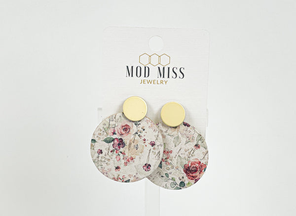 Cork+Leather Round Earring "Mauve Floral"