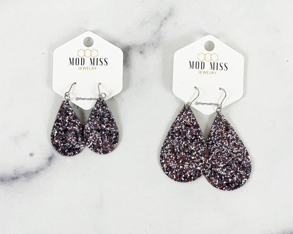 Leather+Canvas Teardrop Earring "Glitter Gunmetal"