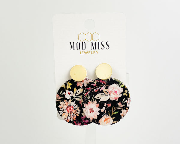 Cork+Leather Round Earring "Dahlia Floral"