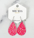 Leather+Canvas Teardrop Earring "Glitter Hot Pink"