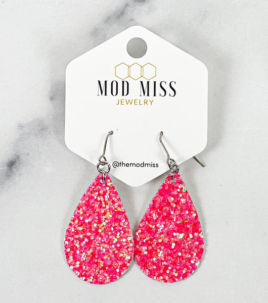 Leather+Canvas Teardrop Earring "Glitter Hot Pink"