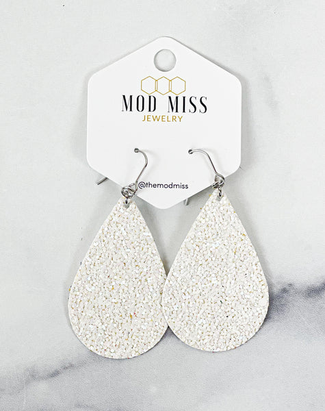 Leather+Canvas Teardrop Earring "Glitter White"