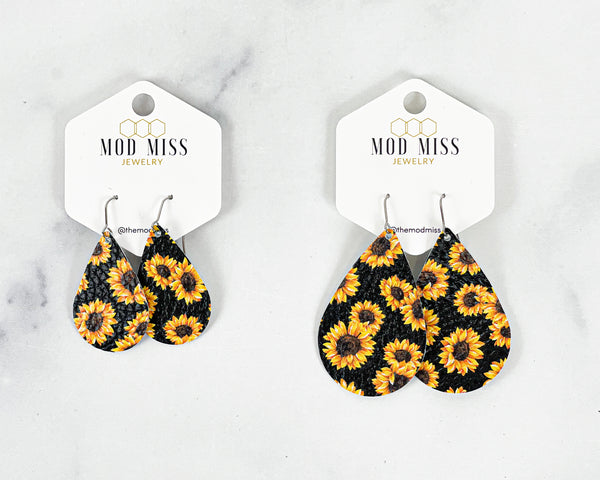Leather Teardrop Earring "Sunflower"