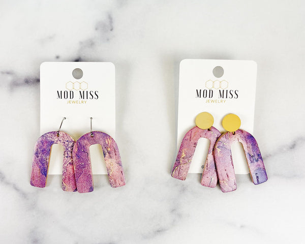 Cork+Leather Arch Earring "Marbled Purple"
