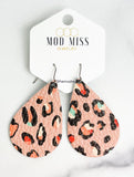 Leather Teardrop Earring "Peachy Leopard"