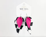 Leather Stacked Petal Earring "Hot Pink on Black and White Checkered"