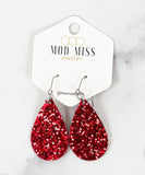 Leather+Canvas Teardrop Earring "Glitter Red"