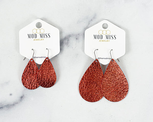 Leather Teardrop Earring "Metallic Orange"