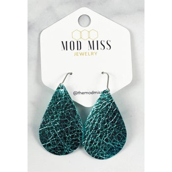 Leather Teardrop Earring "Metallic Turquoise"