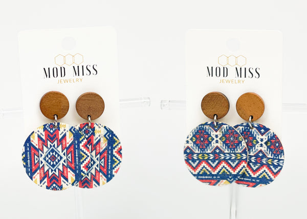 Cork+Leather Round Earring "Western Aztec"
