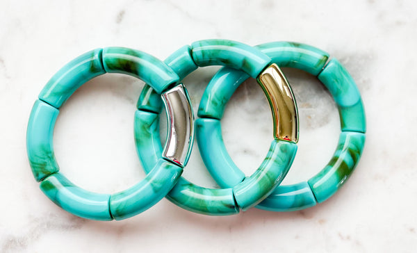 Acrylic Bamboo Bangle Bracelet "Marbled Turquoise"