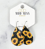Leather Teardrop Earring "Sunflower"