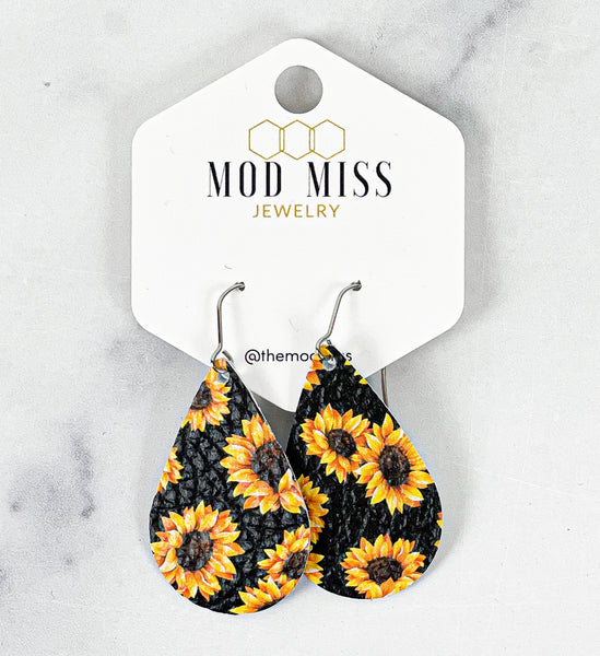 Leather Teardrop Earring "Sunflower"