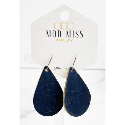 Cork+Leather Teardrop Earring "Navy "