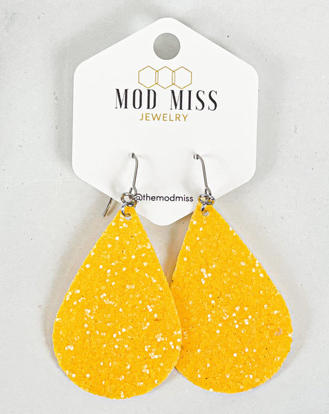 Leather+Canvas Teardrop Earring "Glitter Yellow"