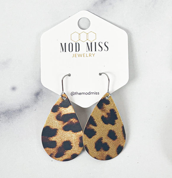 Leather Teardrop Earring "Leopard Metallic"