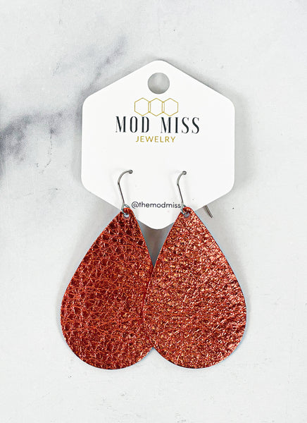 Leather Teardrop Earring "Metallic Orange"