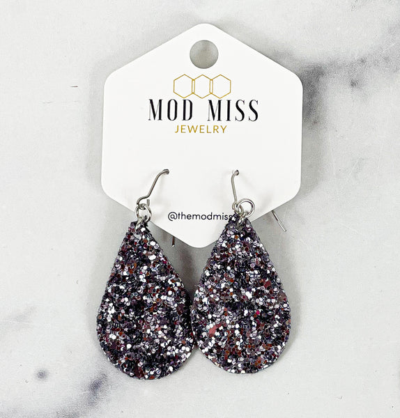 Leather+Canvas Teardrop Earring "Glitter Gunmetal"