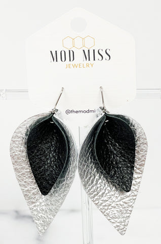 Leather Stacked Petal Earring "Metallic Black on Metallic Silver"