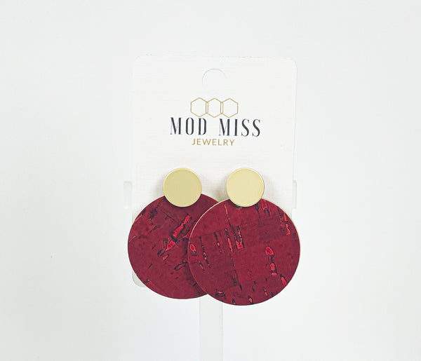 Cork+Leather Round Earring "Red "