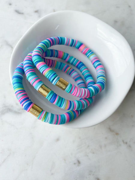 Heishi Color Pop Bracelet "Aqua Rainbow Gold Barrel"