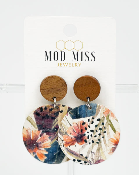 Cork+Leather Round Earring "Autumn Floral"