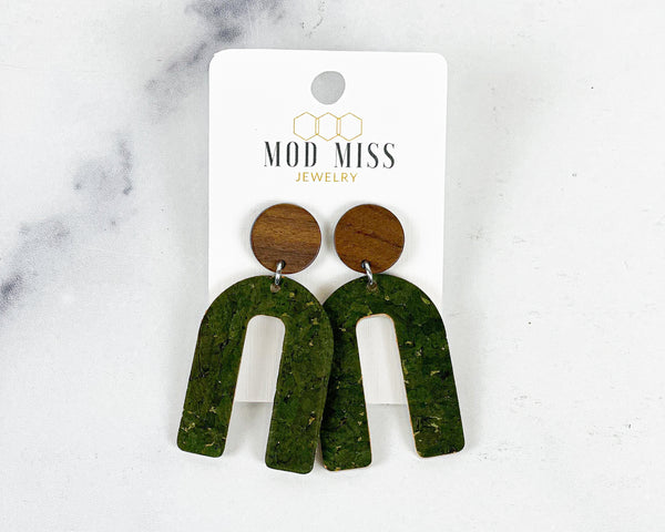 Cork+Leather Arch Earring "Olive Green with Gold Specks"