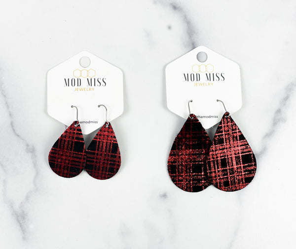 Leather Teardrop Earring "Buffalo Plaid Red Shinny"