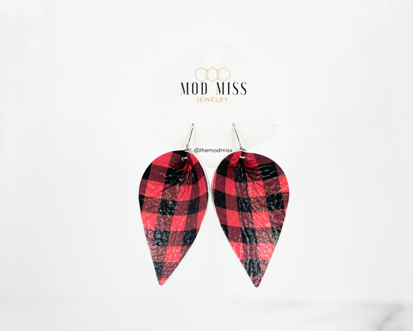 Leather Petal Earring "Buffalo Plaid Red Mini"
