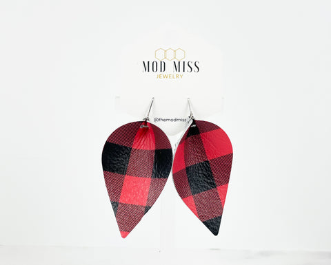 Leather Petal Earring "Buffalo Plaid Red "