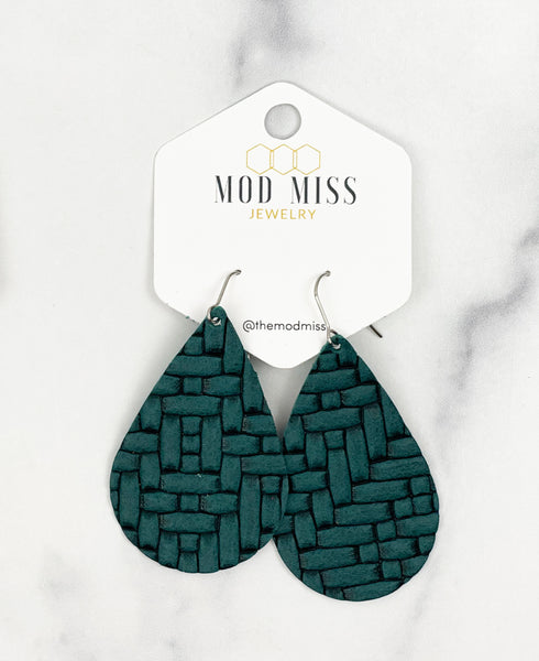 Leather Teardrop Earring "Basket Weave Dark Teal"