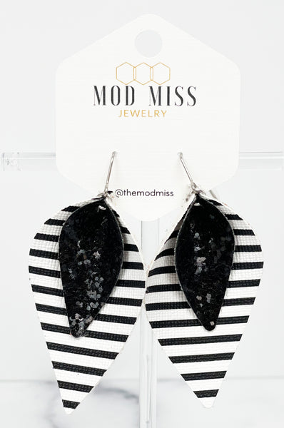 Leather Stacked Petal Earring "Glitter Black  on Black & White Stripes (Thin Stripes)"