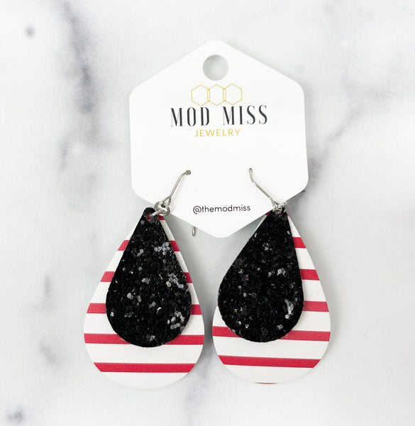 Leather Stacked Teardrop Earring "Glitter Black on Red & White Stripes (Thick Stripes)"