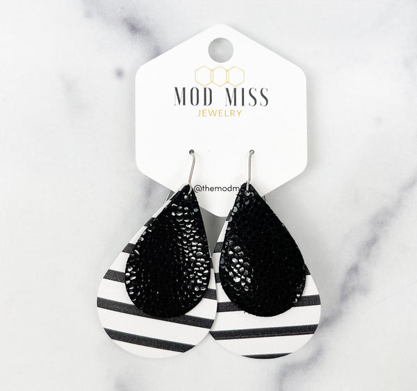Leather Stacked Teardrop "Stingray Black on Black & White Stripes (Thick Stripes)"