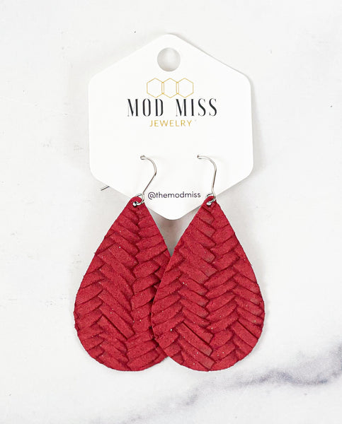 Leather Teardrop Earring "Weaved Rust Red"