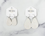 Leather+Canvas Teardrop Earring "Glitter White"